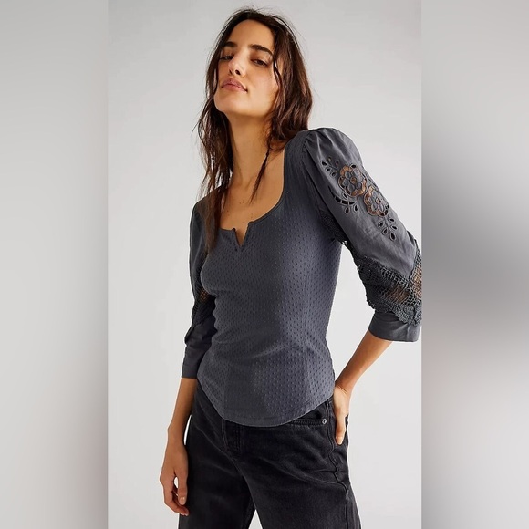 Free People Brunch Date Henley in Metal Stiletto (Gray), Size XS - Picture 1 of 9